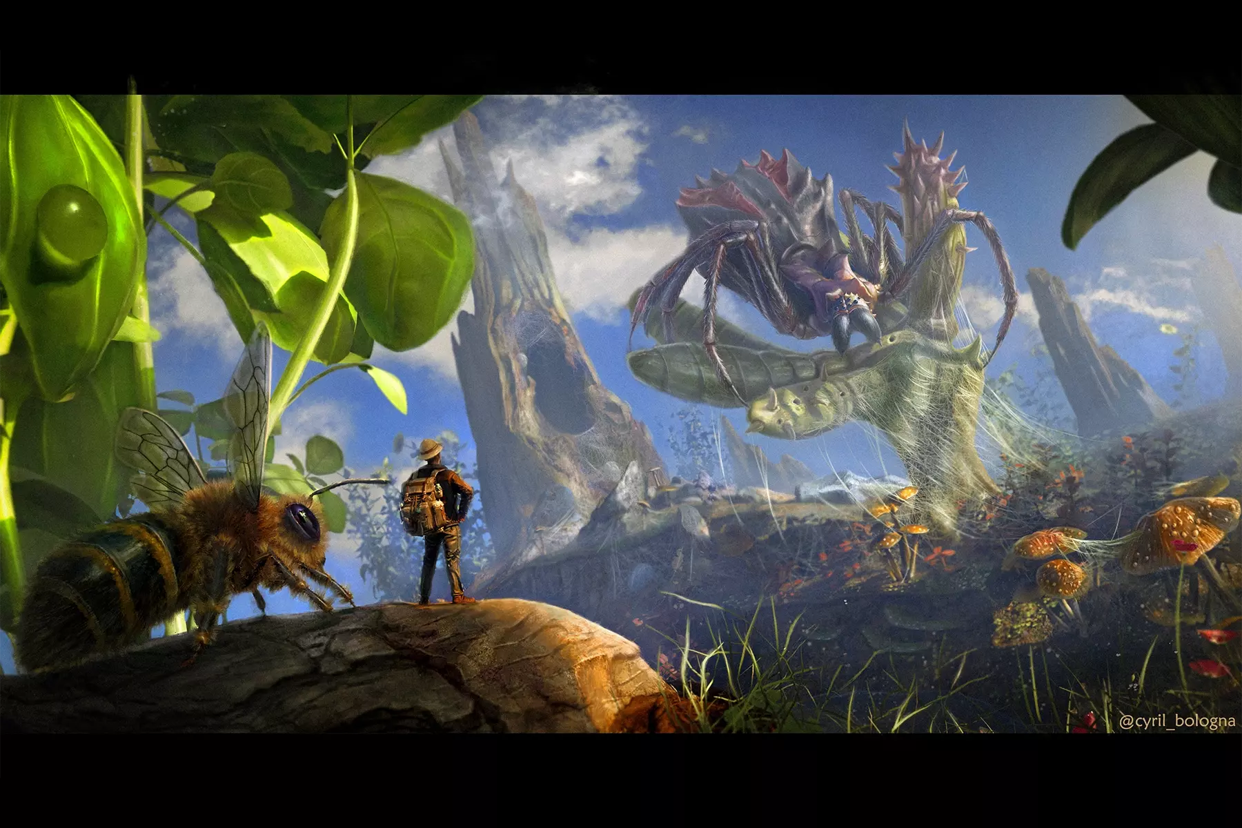 Concept Art & Illustration - a man and his bee facing a giant spider