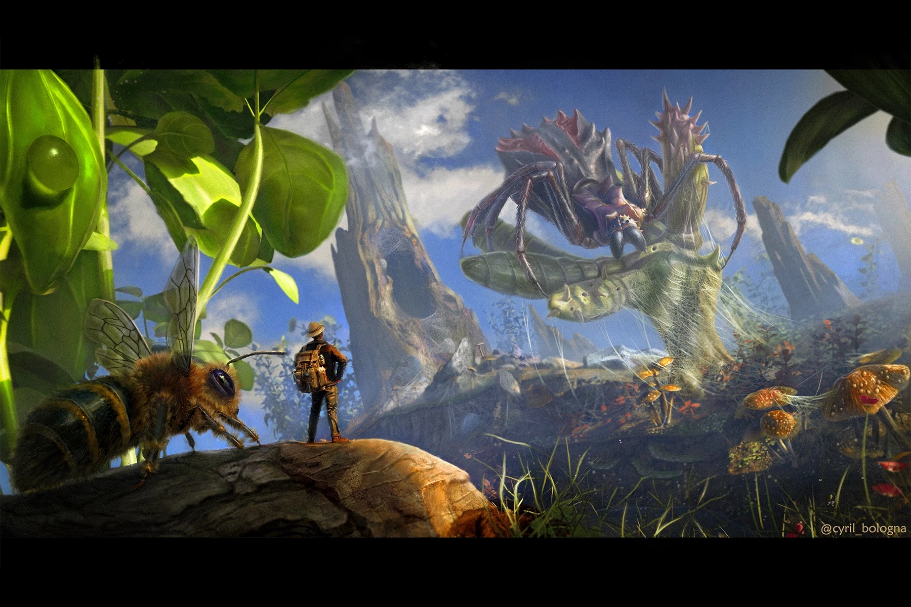 Concept Art & Illustration - a man and his bee facing a giant spider
