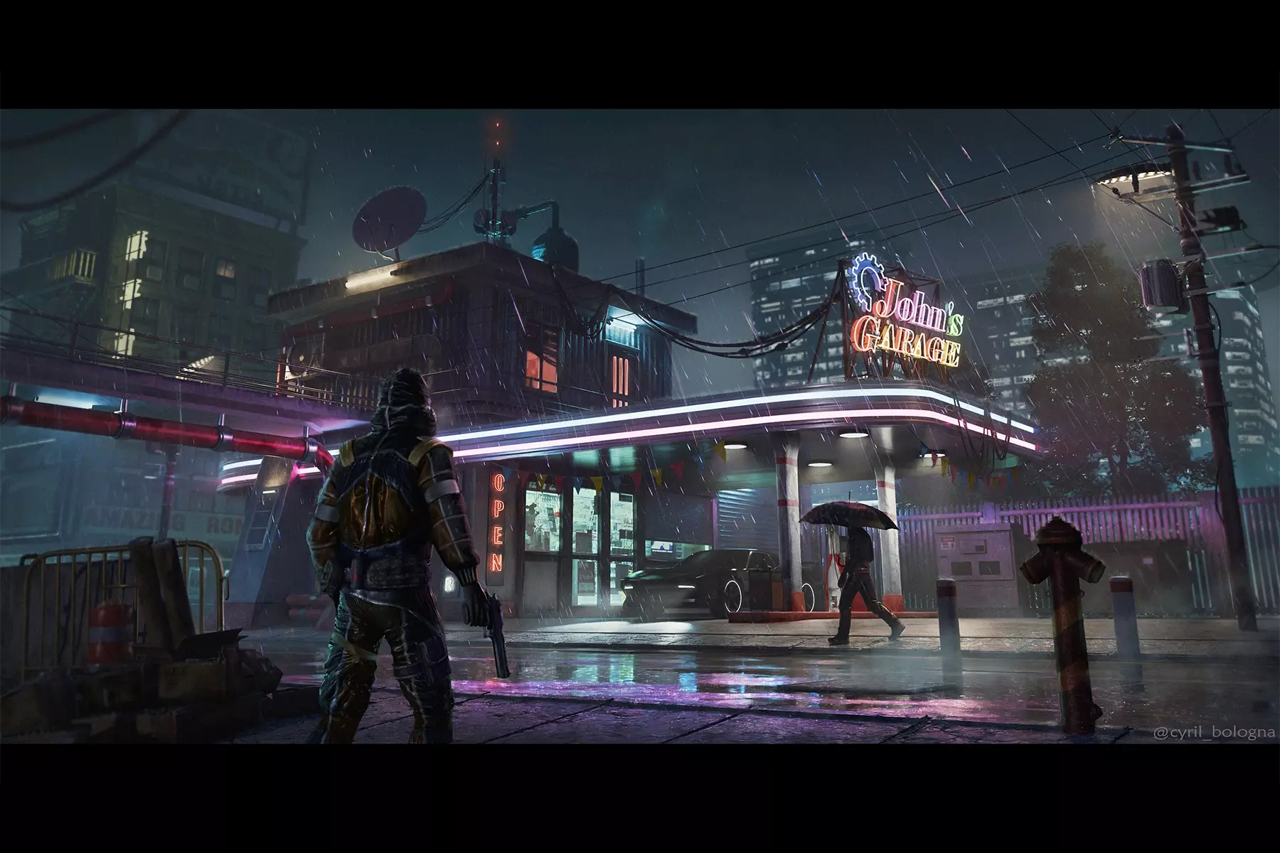 Concept Art & Illustration - cyberpunk gas station at night