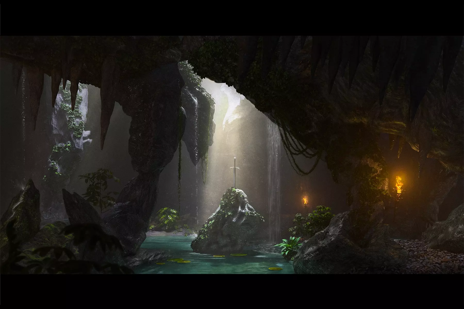 Concept Art & Illustration - Excalibur sword in a mystical cave