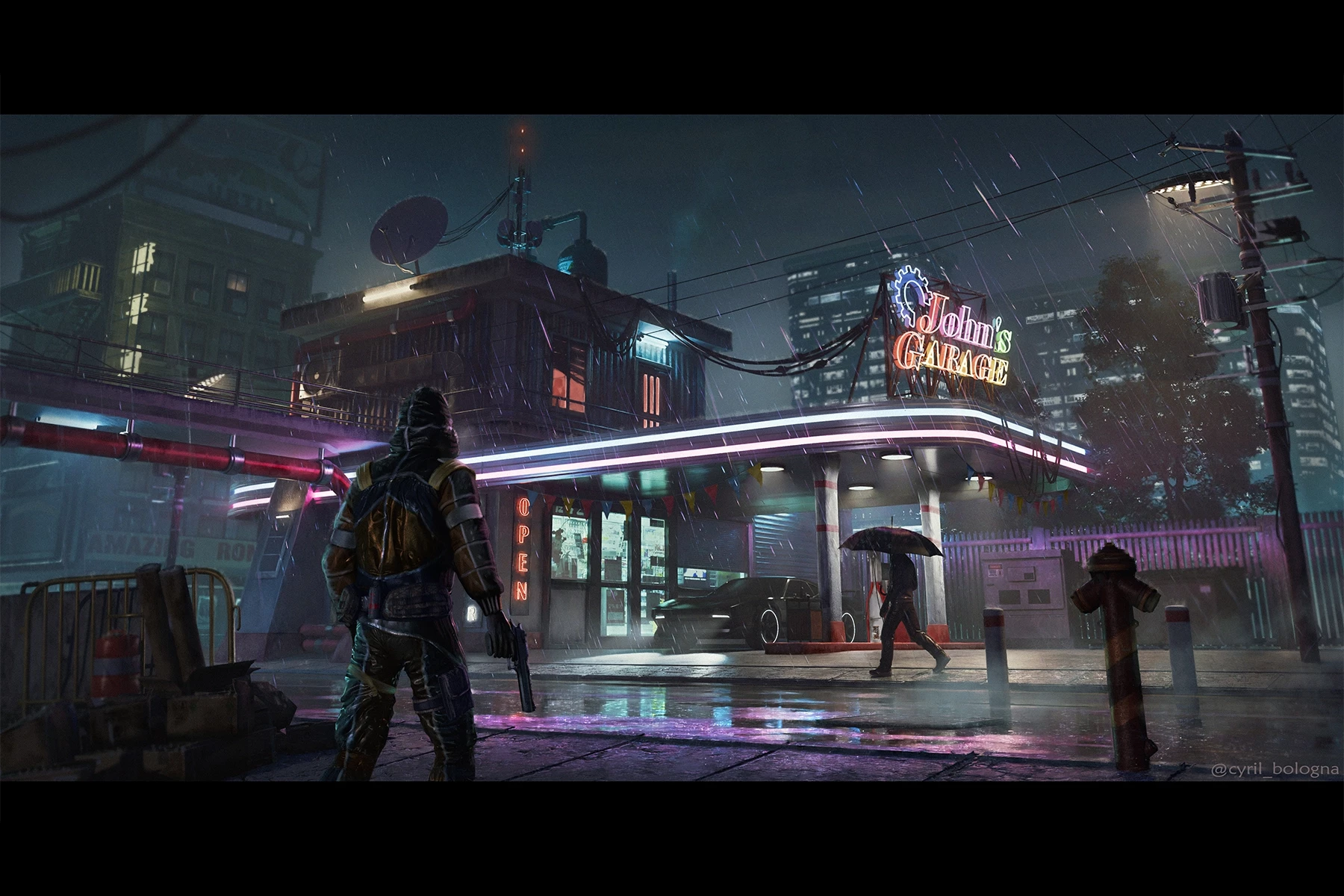 Concept Art & Illustration - cyberpunk gas station at night